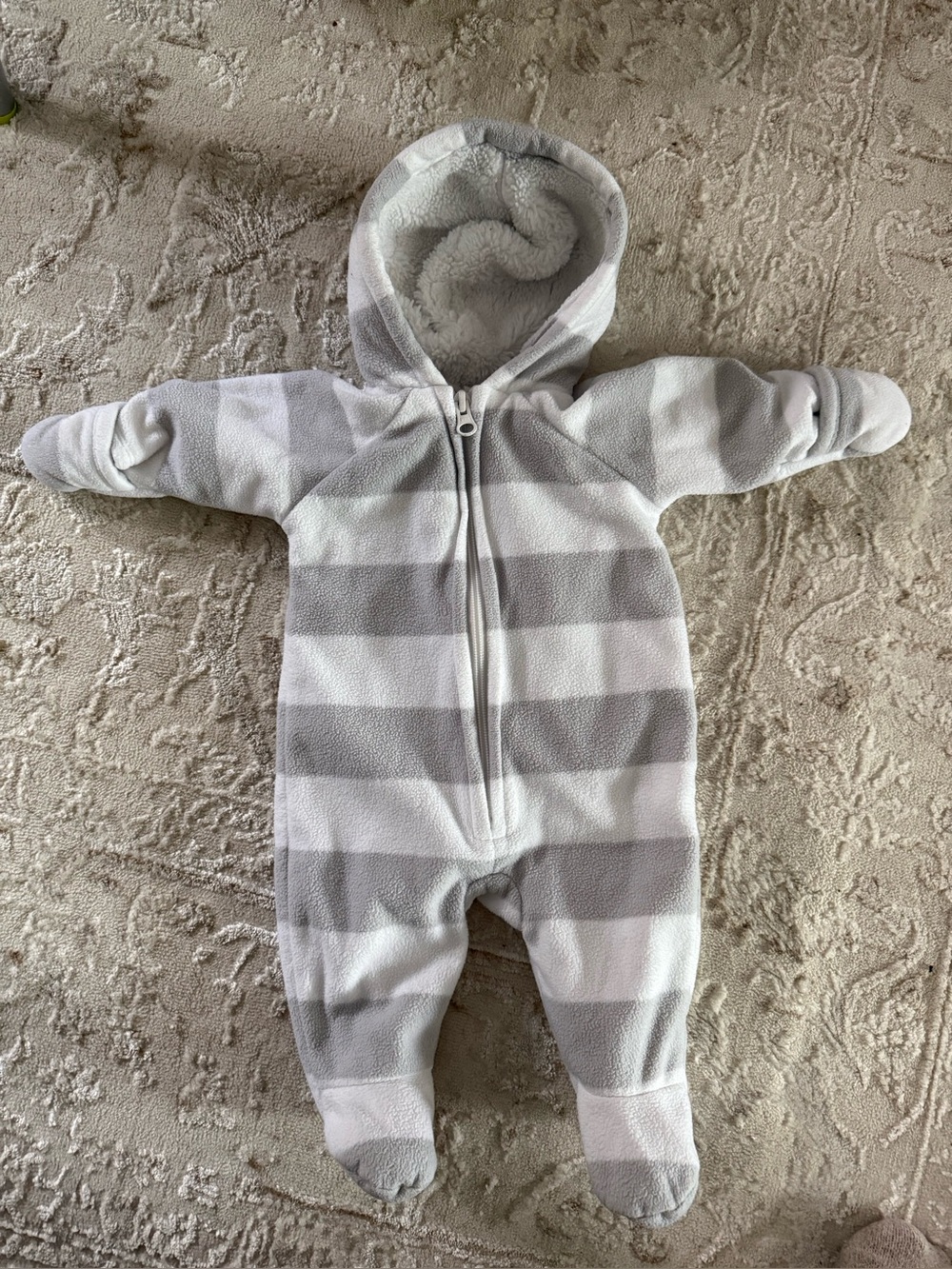 Old Navy Gray and White Striped Fleece Hooded Footie